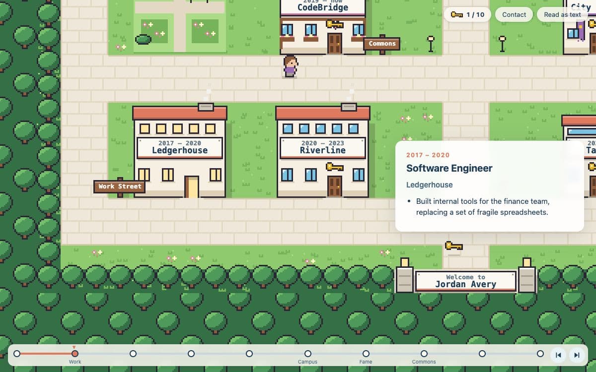 Pixel Town: a pixel-art town with a building for every stop in a career